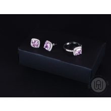 Szett ezüst gyűrű, fülbevaló rózsaszín köves pave halo díszítéssel 