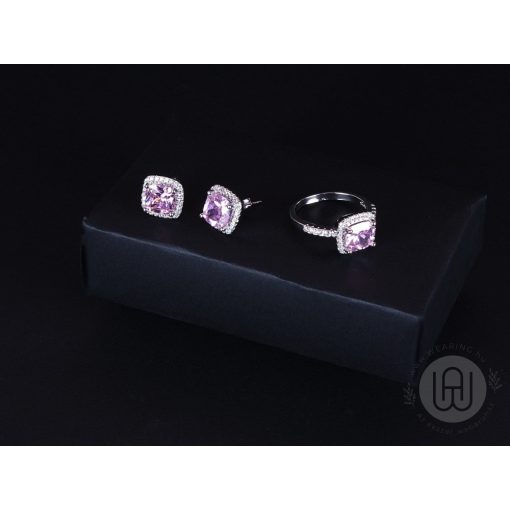 Szett ezüst gyűrű, fülbevaló rózsaszín köves pave halo díszítéssel 