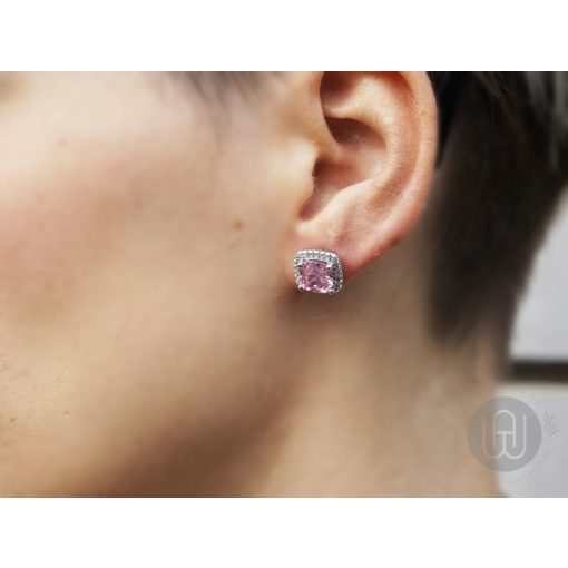 Szett ezüst gyűrű, fülbevaló rózsaszín köves pave halo díszítéssel 