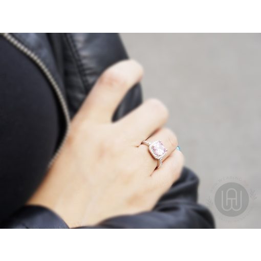 Szett ezüst gyűrű, fülbevaló rózsaszín köves pave halo díszítéssel 