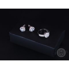   Szett ezüst gyűrű, fülbevaló kerek köves pave halo díszítéssel