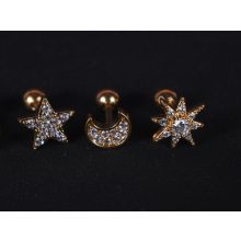 Fül piercing, holdak és csillagok, arany színben