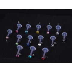   Fül piercing, talpas bioplast, kővel 6 mm szár 2 kő méretben