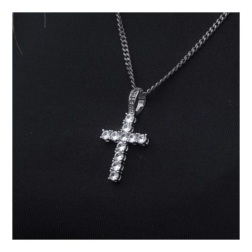 Iced Cross Silver Pendant (Male) nemesacél nyaklánc köves iced out kereszt medállal
