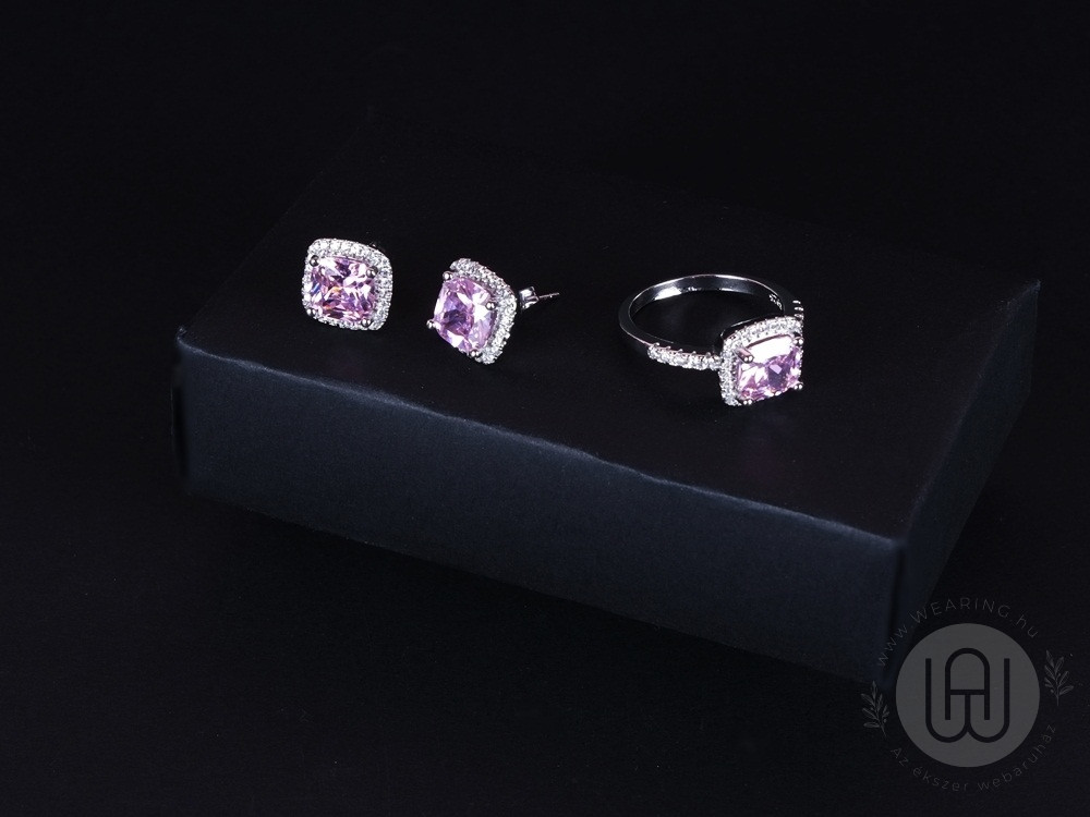 Szett ezüst gyűrű, fülbevaló rózsaszín köves pave halo díszítéssel 