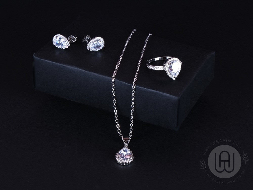 Szett ezüst csepp alakú gyűrű, nyaklánc, fülbevaló pave halo díszítéssel